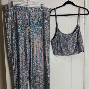 3X Plus Fashion Nova "Under a Disco Ball" Metallic Silver Holo Two-Piece set